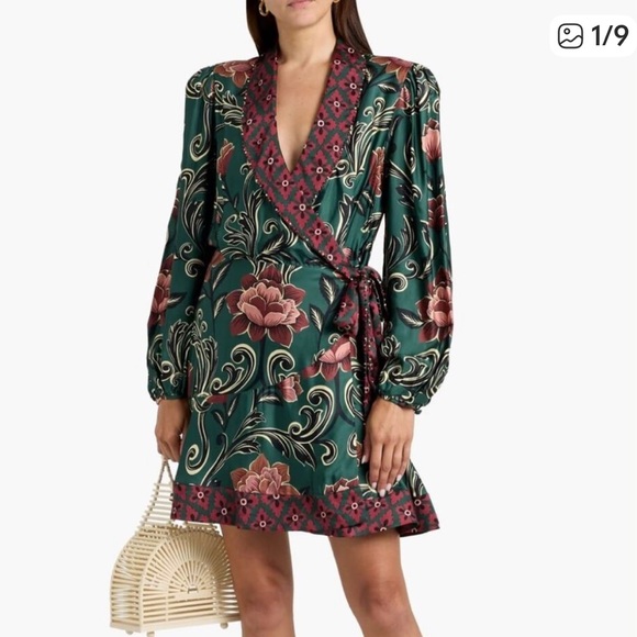 FARM RIO. Floral beaded WRAP DRESS mini length Green/wine print LONG SLEEVE s - Picture 8 of 8